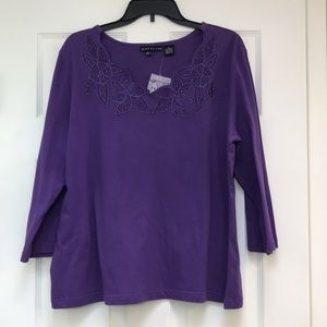 Just Class Purple 3/4" Sleeve Beaded Appliqued Flowered Top-Size XL  NWOT
